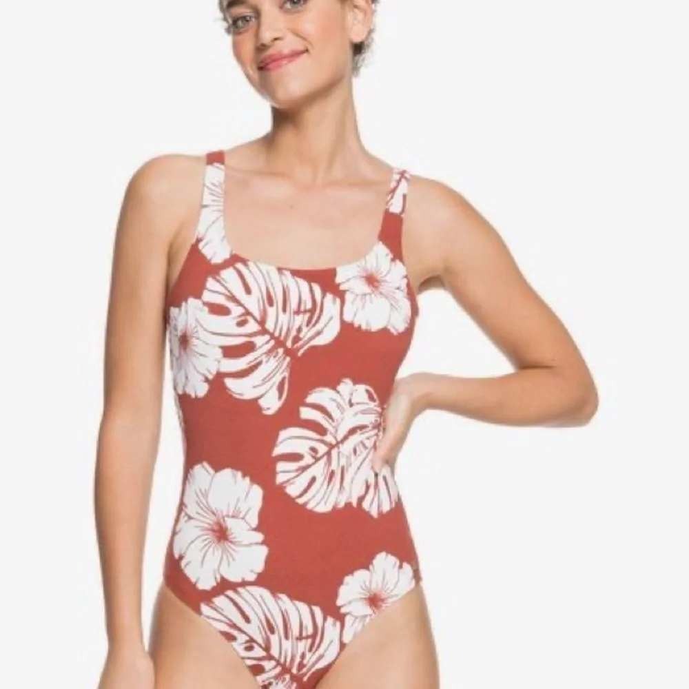 Roxy Garden Trip One Piece Swimsuit Med Rust Tropical Floral Hibiscus NWT $90